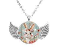 Luoweisi Angel Wings Necklace with Farm Bunny Eggs Wooden, Zinc Alloy Jewelry Gifts for Men Women