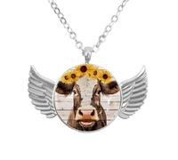 Luoweisi Angel Wings Necklace with Farm Cow Sunflower on Rustic Plank, Zinc Alloy Pendant Jewelry Gifts for Men Women
