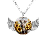 Luoweisi Angel Wings Necklace with Farm Cow Sunflowers on Rustic Plank, Zinc Alloy Pendant Jewelry Gifts for Men Women