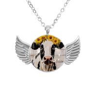 Luoweisi Angel Wings Necklace with Farm Cow with Sunflower on Rustic Plank, Zinc Alloy Pendant Jewelry Gifts for Men Women