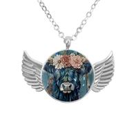 Luoweisi Angel Wings Necklace with Farm Highland Cow Floral, Aluminum Alloy Jewelry Gifts for Men Women