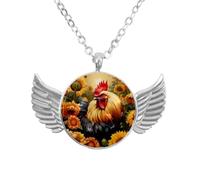 Luoweisi Angel Wings Necklace with Farm Rooster Sunflowers, Zinc Alloy Pendant Jewelry Gifts for Men Women