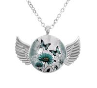 Luoweisi Angel Wings Necklace with Farm Teal Daisy Floral Butterfly, Zinc Alloy Jewelry Gifts for Men Women