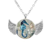 Luoweisi Angel Wings Necklace with Nautical Blue Seahorse, Zinc Alloy Pendant Jewelry Gifts for Men Women