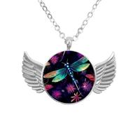 Luoweisi Angel Wings Necklace with Neon Flowers Dragonfly Insect, Zinc Alloy Pendant Jewelry Gifts for Men Women