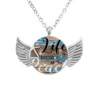 Luoweisi Angel Wings Necklace with Ocean Starfish Retro Wood Grain Life is Better at the Beach, Zinc Alloy Pendant Jewelry Gifts for Men Women