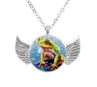 Luoweisi Angel Wings Necklace with Rainy Day Green Frog, Zinc Alloy Pendant Jewelry Gifts for Men Women