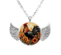 Luoweisi Angel Wings Necklace with Sunflower Rooster Farm, Zinc Alloy Pendant Jewelry Gifts for Men Women