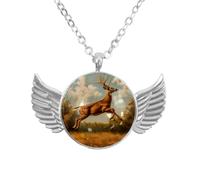 Luoweisi Angel Wings Necklace with Vintage Deer Meadow, Zinc Alloy Pendant Jewelry Gifts for Men Women