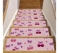 Luoweisi Bows Cherries Stair Treads for Wooden Steps, 15 Pack 30"x8" Non-Slip Indoor Stair Runner Stair Rugs Mats Covers for Dogs, Kids, Elder with Reusable Adhesive