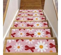 Luoweisi Bows Daisies Stair Treads for Wooden Steps, 15 Pack 30"x8" Non-Slip Indoor Stair Runner Stair Rugs Mats Covers for Dogs, Kids, Elder with Reusable Adhesive