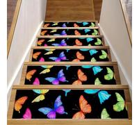 Luoweisi Colorful Butterflies Stair Treads for Wooden Steps, 15 Pack 30"x8" Non-Slip Indoor Stair Runner Stair Rugs Mats Covers for Dogs, Kids, Elder with Reusable Adhesive