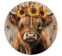 Luoweisi Highland Cow Sunflower Rustic Wooden Wall Clock 9.8 Inch Silent Non-Ticking Battery Operated Decorative Clock for Living Room Bedroom Kitchen