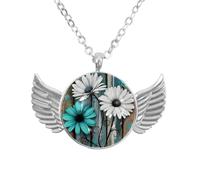 Luoweisi Zinc Alloy Angel Wings Necklace with Farm Teal Daisy Florals, Round Chain Gifts for Men Women