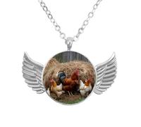Luoweisi Zinc Alloy Angel Wings Necklace with Farmhouse Rooster Chicken, Round Chain Gifts for Men Women