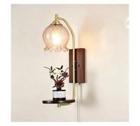 LUOYAOB European Pull Chain Wall Sconce Modern Wall Lamp Creative Wood Glass Globe Wall Light Storage Panel Design Bedside Bedroom Living Room Hallway Reading Light Fixture(Style F)