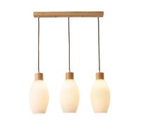 LUOYAOB Modern Japandi Ribbed Glass 3-Light Linear Pendant Light Minimalist Wood Hanging Lamp Adjustable Height Chandelier Fixture for Dining Table Kitchen Island