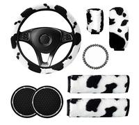LUOYOYY 8 Pack Cute Cow Print Plush Fluffy Steering Wheel Covers Set with Fluffy Gear Shift Cover & Handbrake Cover & Fuzzy Seat Belt Pads & Car Coasters and Bling Emblem Sticker for Women (Black)