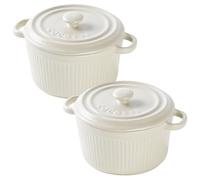 LUPATDY 2er Small Casserole Dish with Lid 400 ml, mini Ceramic Round Baking, 12oz Ceramic Ramekins with Handles for Brulee Ramekins, Vegetables, Souffle,Quiche, Dishwasher and Oven Safe, White