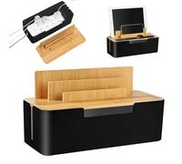 LUPATDY Cable Box, Cable Organiser with Lid, Storage Box Made of Sustainable Bamboo and ABS, Hide Power Strips, for Hiding and Covering, Cables, Cable Organiser Box (Black)