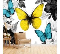 LUPAXA Blue and Yellow Butterfly Wallpaper Mural 230x180cm Black and White Floral Pattern Wallpaper 3D Silk Mural Office Bedroom Living Room Apartment Not Self-Adhesive