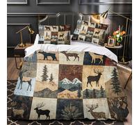 LUPAXA Brown Elk Stitching Duvet Cover Set Twin Size Mid-Century Alpine Deer 3 Piece Bedding Set For Boys Girls Bedroom, Soft Microfiber Bedding Sets With 2 Pillowcases