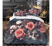 LUPAXA Gothic Retro Skull Gray Duvet Cover Twin Size Spider Flowers Bedding Cover For Boys Girls Bedroom, 3 Pieces Soft Microfiber Bedding Sets With 2 Pillowcases