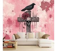 LUPAXA Photo WallpapePink Gothic 400x280cm，Skull Crow Cross Wall Mural Silk Wall Decor Art Modern Bedroom Fashion Large TV Background