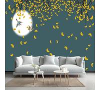 LUPAXA Photo Wallpaper Yellow Ginkgo Leaves 300x240cm,Dark Green Background Silk Cloth Decor Wallpaper for Living Room Bedroom Kids Room Nursery