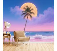 LUPAXA Wallpaper Mural Purple Gradient Sky 366x254cm,Full Moon Over Ocean Photo Wallpaper Silk Cloth Wall Art for TV Background Bedroom Office