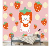 LUPAXA Wallpaper Mural Red Strawberry and White Bear 274x203cm,Pink Cartoon Photo Wallpaper Silk Cloth Wall Art for TV Background Bedroom Office