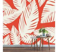 LUPAXA White Hand-Drawn Leaf Wallpaper Mural 300x240cm Red Background Simple Wallpaper 3D Silk Mural Office Bedroom Living Room Apartment Not Self-Adhesive