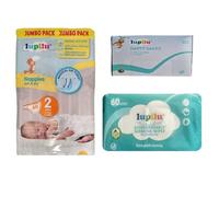Lupilu Size 2 Nappies 60 Pack Bundle with Nappy Sacks & Fragrance Free Wipes