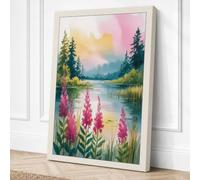 Lupine by the Lake Botanical Canvas Wall Art Print 24x16 Inch (61 x 41 cm)