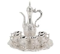 Luqeeg Vintage Turkish Coffee Pot Set, Retro Coffee Tea Serving Set, European Style Alloy Wine Glass Pot Set with 6 Coffee Cups & Craft Tea Tray for Tea Home Party Wedding (Silver White)