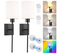 Luqixcey 2PCS Rechargeable LED Wall Lights Indoor,Battery Operated Wall Lamp,Dimmable Wall Light with 15 RGB Colors & 2 Modes,Modern Linen Lampshade Wall Light with Remote for Bedroom Hallway
