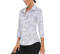 LURANEE Womens 3/4 Roll Sleeve 1/4 Zip Pullover Golf Shirts Athletic Hiking Running Workout Tops UPF 50+, White Leaf, XL
