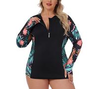 LURANEE Womens Plus Size Long Sleeve Rash Guard Top Zipper Swimsuit Swim Shirt with Thumb Holes, Orange Floral Leaf, 5XL Plus