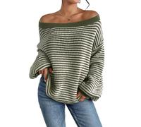 Lurebest Women's Striped Drop Shoulder Off-The-Shoulder Sweater, Fashion Striped Long Sleeve Sweater (Green, XL)