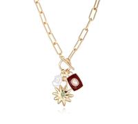 LUREME Chunky Chain Boho Multi-Color Necklace Stainless Steel Charms & Pearl Pendants for Women,Sunshine/Heart/Star/Round Necklace (nl006352), Standard, Stainless Steel, No Gemstone