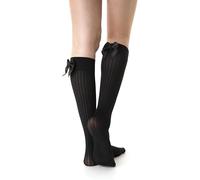 Lurex Microfibre Knee Highs with Bow. Semi-opaque Long Socks with Glitter 30 Denier No. 1157, Black with Bow, One Size