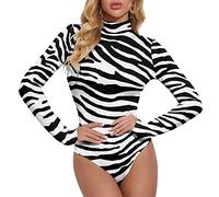 Lurhonp Women Long Sleeve Turtleneck Jumpsuit Zebra Print Bodysuit Tops, Black, Medium