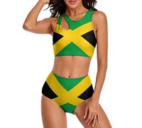 Lurhonp Womens Jamaican Flag High Neck Swimsuit Two Piece High Waisted Tummy Control Bikini Set, Jamaican 02, XL
