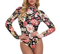 Lurhonp Womens Mock Neck Jumpsuit Floral Print Long Sleeve Bodysuit Leotard, Color1, XX-Large
