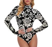 Lurhonp Womens Mock Neck Jumpsuit Floral Print Long Sleeve Bodysuit Leotard, Color4, XX-Large