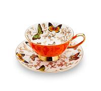 LURRIER Coffee Cup Mug with Saucer for Latte, Cappuccino Tea with Butterflies 6.8 Oz Fine Bone China, Dishwasher Safe, Reactive Glaze, 1 Pcs