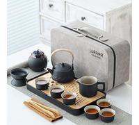 LURRIER Gongfu tea sets, Portable Ceramic TeaSet, Asian Tea sets for adult, Tea Gift sets, Grey leather case, Portable Travel Bag,Home,Gifting,Outdoor and Office(Black)