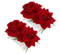 Lurrose 2pcs Red Rose Bridal Hair Comb Lightweight Floral Side Comb with Cloth and Metal Material, Practical to Use for Wedding and Daily Outfits, Elegant and Delicate Hair Accessory