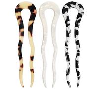 Lurrose 3 Pcs Acetate U Shaped Hair Forks for Buns Hair Pins Set in Light Tortoise Cow Pattern and Cream and Updos