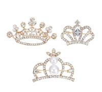 Lurrose 3pcs Crown Corsage Brooches Zinc Alloy Rhinestone Embellishment Effect Golden Color Delicate Fashionable Clothing Ornament for Daily Wear and Multi-person Gatherings